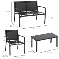 Outsunny Conjunto de Móveis de Jardim Conjunto de 4 Peças com 2 Poltronas 1 Sofá de 2 Lugares e Mesa de Centro com Tampo de Vidro Preto(m-3)