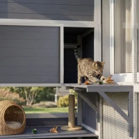 PawHut 4-Tier Wooden Catio Cat Outdoor Enclosure with Sun Roof, Resting Rooms, 3 Platforms, Window Outdoor Indoor, Grey(m-9)