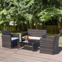 Outsunny 4 Pieces PE Rattan Garden Sofa Set with Cushions, Outdoor Patio Wicker Weave Conservatory Furniture Set with a Loveseat, 2 Armchairs and a Glass Top Coffee Table, Mixed Brown(m-12)