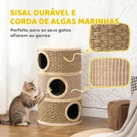 PawHut Barril Arranhador para Gatos 3 Níveis, 79 cm de Altura, com Cama e Revestimento em Sisal, Caqui e Castanho(m-6)