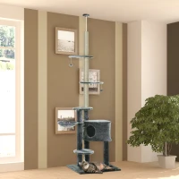 PawHut Arbre à chat poteau à griffer hauteur réglable dim. 55L x 45l x 240-260H cm 7 niveaux d'activités variées gris foncé(m-8)