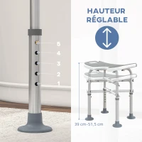 HOMCOM Tabouret de douche siège de douche hauteur ajustable 39-51,5 cm barre d'appui à ventouse patins à ventouse gris(m-5)