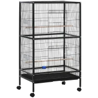 PawHut Gaiola para Pássaros com 4 Rodas Gaiola para Pássaros Metálica com Múltiplas Portas 4 Comedouros Bebedouro 2 Poleiros e Bandeja para Louros Canários Periquitos 79x52x137cm Preto(m-1)