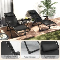 Outsunny Lot de 2 chaise longue pliable et inclinable avec table d'appoint, porte-gobelets et appuie-têtes, charge 120 kg, noir(m-8)