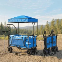Outsunny Carrinho de Transporte com Rodas Grandes Travão Teto Amovível Carro Dobrável para Jardim com Barra Ajustável 125x59x133 cm Azul(m-3)