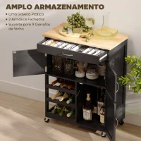 HOMCOM Carrinho de Cozinha com Rodas 2 Armários de Arrumação Gaveta e 3 Prateleiras Abertas para 9 Garrafas 67x37x87 cm Preto(m-4)