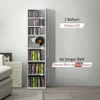 HOMCOM Raft pentru CD-uri cu 6 Rafturi Reglabile, Capacitate de 260 CD-uri/120 DVD-uri, 33x24x140 cm, Alb(m-8)