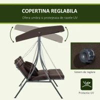 Outsunny Leagăn de grădină cu 3 locuri, perne, locuri tip chaise longue și acoperiș, 198x118x168 cm, maro(m-4)