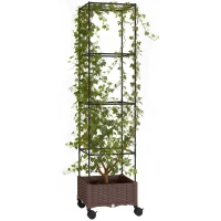 Outsunny Jardinieră Înălțată cu Spalier 20L, Roți Blocabile și Sistem de Autoirigare, Maro(m-11)