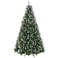 HOMCOM Brad Artificial Înnăzăpezit 240 cm cu 1773 vârfuri boabe roșii conuri bază pliabilă din oțel montaj rapid verde(m-1)