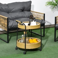 Outsunny Outdoor Servierwagen, 2 Etagen, Bremsen, Polyrattan, Metallrahmen, Φ50 x 66H cm, Gelb(m-10)