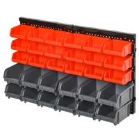 DURHAND Aufbewahrungs-System Wandregal mit Stapelboxen, 30 Boxen, 2 Lochplatten, 37,5 cm x 18 cm x 63 cm, Rot + Grau+ Schwarz(m-1)