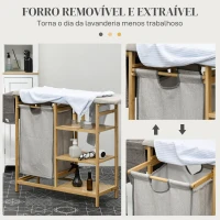 HOMCOM Cesto de Roupa Suja 57,4L com Tábua de Passar Suporte para Ferro 3 Prateleiras e Bolsa Removível 113x34x82 cm Madeira e Cinza(m-6)