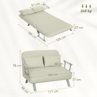 HOMCOM Sofá Cama de 2 Lugares Estofado em Camurça Sintética com Encosto Ajustável em 5 Níveis e 2 Almofadas 111x80x78 cm Bege(m-3)