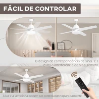 HOMCOM Ventoinha de Teto com Luz 46W Ø129 cm com 4 Lâminas Reversíveis Controlo Remoto 6 Velocidades e Temporizador Branco(m-9)