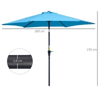 Outsunny Chapéu de Sol de Jardim Ø260x235 cm Chapéu de Sol Reclinável com Manivela Mastro Desmontável em Alumínio e 6 Varetas de Metal  Azul(m-3)