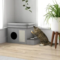 PawHut Katzenhaus, Futterplatz mit 2 Edelstahlnäpfen, Kratzmatte, weiches Liegekissen, 78 x 48 x 49,5 cm, grau(m-10)