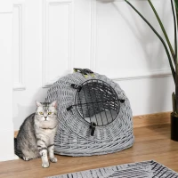 PawHut Transporttasche für Katze Hund aus Weide geflochten Korbhöhle mit Kissen Gitter für Transport Katzen Hunden Grau Metall 50 x 40 x 40 cm(m-10)
