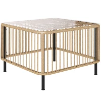 Outsunny Polyrattan Gartentisch, 65 x 65 x 43 cm, wetterfest Beistelltisch quadrarisch mit Glasplatte Naturholz(m-1)