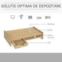 HOMCOM Suport Monitor cu Spațiu pentru Mouse și Tastatură și Raft cu Cub pentru Depozitare, din Bambus, 49x25,5x11,5 cm(m-5)