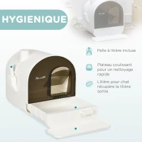 PawHut Maison de toilette pour chat avec tiroir amovible, bac à litière fermé avec tapis anti-trace, pelle, filtre anti-odeur et porte battante, nettoyage facile, 43 x 44 x 47 cm, blanc(m-4)