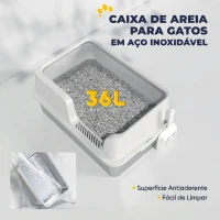 PawHut Caixa de Areia XL em Aço Inoxidável para Gatos Grandes com Borda Alta e Pá, Cinzento-claro(m-5)