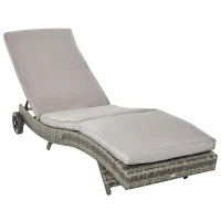 Outsunny Espreguiçadeira de Vime Reclinável Espreguiçadeira de Jardim com 2 Rodas Encosto Ajustável em 5 Posições 207x70x70 cm Cinza(m-11)