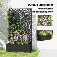 Outsunny Blumenkasten mit Sichtschutz Pflanzkasten mit Rankgitter tropischen Blattmotiven 61 x 23 x 113 cm Schwarz(m-4)