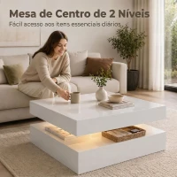 HOMCOM Mesa de Centro com LED RGB de 7 Cores com Armazenamento Aberto e Controlo Remoto 78x78x40 cm Branco(m-6)