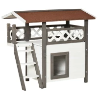 PawHut Casa para Gatos de Madeira 77x50x73cm Casa para Gatos com 2 Níveis com Teto Asfáltico Terraço Cercado Caverna e Escada para Interior e Exterior Branco e Cinza(m-1)