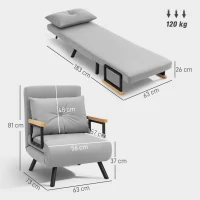 HOMCOM Poltrona Convertível em Cama Poltrona 3 em 1 Convertível em Cama com Encosto Ajustável em 5 Níveis 63x73x81 cm Cinza Claro(m-3)