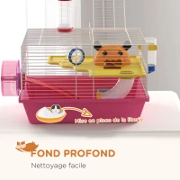 PawHut Cage à hamster rat rongeur multicolore avec plateforme, biberon eau, roue, maisonnette, 34 x 27 x 25 cm, rose(m-6)