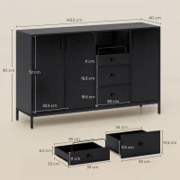 HOMCOM Aparador com 3 Portas e 3 Gavetas Prateleiras Ajustáveis para Cozinha, Entrada Sala de Jantar Quarto 143,5x40x90 cm Preto(m-3)