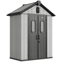 Outsunny Depozit de grădină, șopron, depozit pentru unelte, din plastic, cu podea, cadru metalic, guri de aerisire, 2 ferestre, uși duble blocabile, acoperiș înclinat, 3m², gri(m-1)