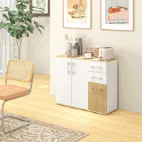 HOMCOM Aparador Sala de Estar Moderno com 2 Gavetas 2 Armários e Prateleiras Ajustáveis 90x30x75,5 cm Branco e Madeira(m-10)