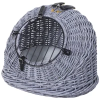 PawHut Transporttasche für Katze Hund aus Weide geflochten Korbhöhle mit Kissen Gitter für Transport Katzen Hunden Grau Metall 50 x 40 x 40 cm(m-12)