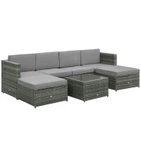 Outsunny 7-tlg. Polyrattan Gartengarnitur Gartenmöbel Garten-Set Sitzgruppe Loungeset Loungemöbel inkl. Fußhocker Sitzkissen Grau Stahl + Polyester 58 x 58 x 37 cm(m-1)