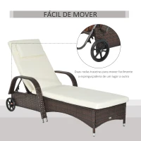 Outsunny Espreguiçadeira de Vime Jardim Espreguiçadeira com Encosto Ajustável em 5 Posições Almofadas Acolchoadas Apoio para a Cabeça e 2 Rodas 200x73x56-103cm Marrom e Bege(m-7)