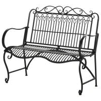 Outsunny Banco de Jardim de 2 Lugares 110x60x97cm Banco de Exterior de Metal com Encosto Decorativo e Apoio para os Braços para Terraço Balção 200kg Preto(m-11)
