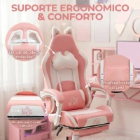 HOMCOM Cadeira Gaming com Orelhas Cadeira Gamer Reclinável com Altura Ajustável e Suporte Lombar 65x62x116-124 cm Rosa e Branco(m-6)