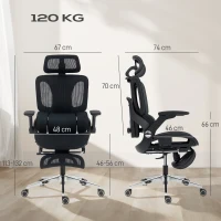 HOMCOM Cadeira de Escritório com Encosto Reclinável e Alto Suporte Lombar Transpirável Apoios de Braço 4D e Encosto de Cabeça Ajustável 67x74x113-132 cm Preto(m-3)