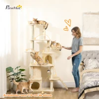 PawHut Arranhador para Gatos Grande com 7 Postes 1 Túnel 3 Plataformas 2 Cavernas 1 Rede 1 Poleiro 1 Rampa Pompons 60x40x170 cm Bege(m-4)