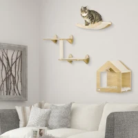 PawHut Prateleiras de Parede para Gatos 3 Peças com Caverna Rede Plataforma e Poste de Sisal Carvalho(m-10)