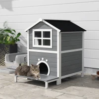 PawHut Outdoor-Katzenhaus mit wetterfestem Dach, Fenster, Balkon, herausnehmbarem Boden, 2 Ebenen, für 1-2 Katzen, Grau(m-10)