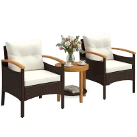 Outsunny Rattan Bistroset 3 teiliges FSC Gartenmöbel-Set mit 2 Sessel, 2-Ebene Holz-Tisch, dicke waschbare Kissen(m-12)