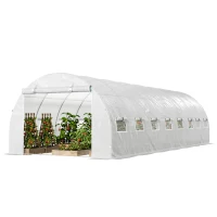 Outsunny Serre de jardin tunnel 24m² 8L x 3l x 2H m - 16 fenêtres, Porte zippée enroulable acier galvanisé, bâche PE, Blanc(m-12)