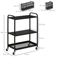 HOMCOM Rollwagen Küchenwagen mit Rollen Küchenregal Metallregal mit 2 Ebenen Badregal Aufbewahrungswagen Servierwagen Stahl Schwarz 70 x 33,4 x 80,5 cm(m-3)