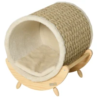PawHut Cama Elevada para Gatos Caverna para Gatos Tipo Barril com Superfície para Arranhar e Almofada 41x38x43cm Madeira(m-11)