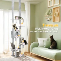 PawHut Copac pentru Pisici cu Fixare pe Tavan, Înălțime Reglabilă 225-255 cm cu Căsuță și Hamac, Gri Deschis(m-7)