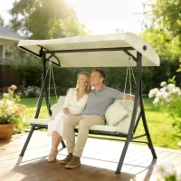 Outsunny Baloiço de Jardim Exterior de 3 Lugares com Toldo Ajustável e Estrutura de Aço 202x115x168 cm Bege(m-10)